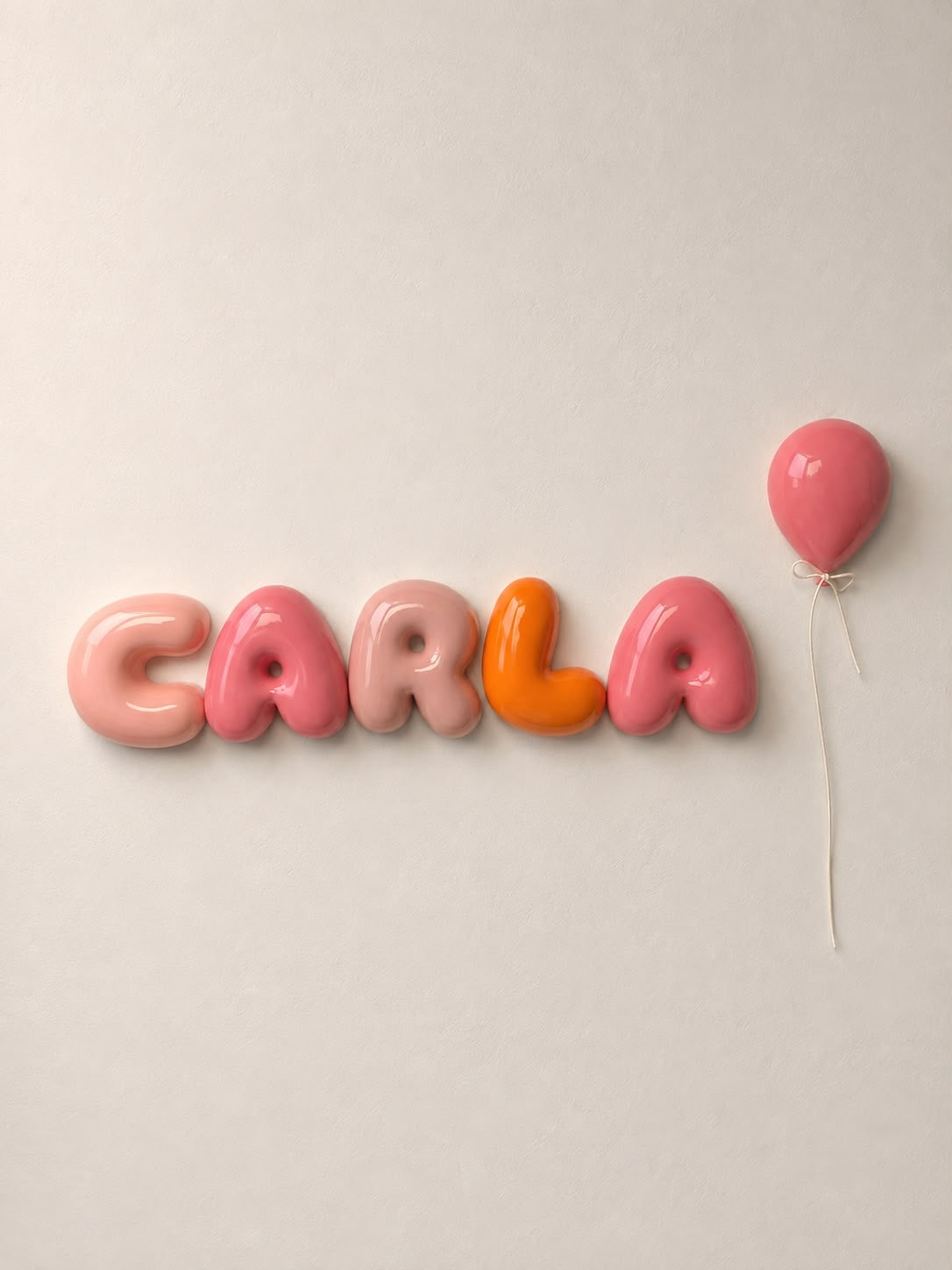 Nombre Carla en letras bubble melocotón, coral, rubor y salmón con un globo rosa de pared