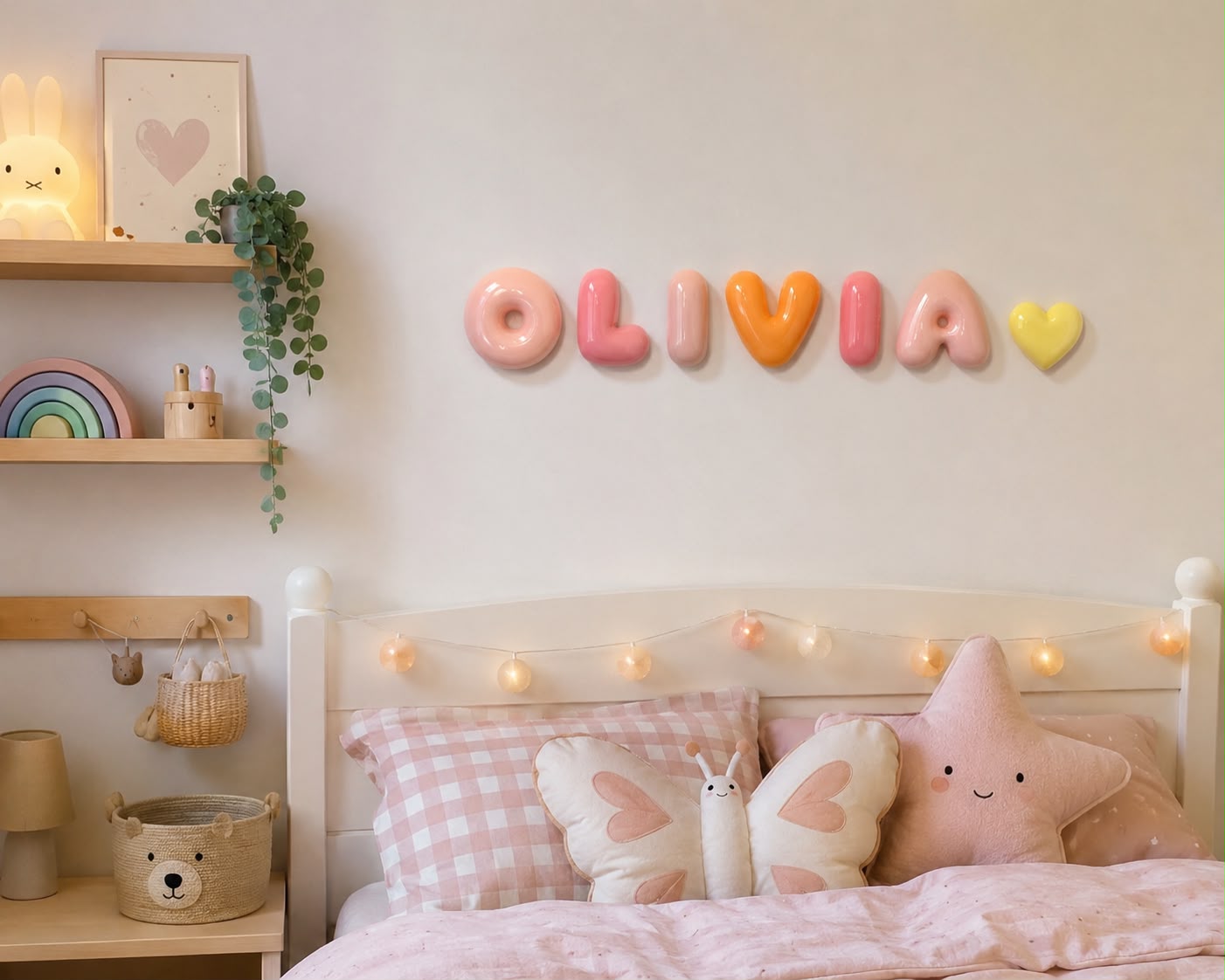 Nombre Olivia en letras bubble rosas y salmón con un corazón amarillo sobre la cama