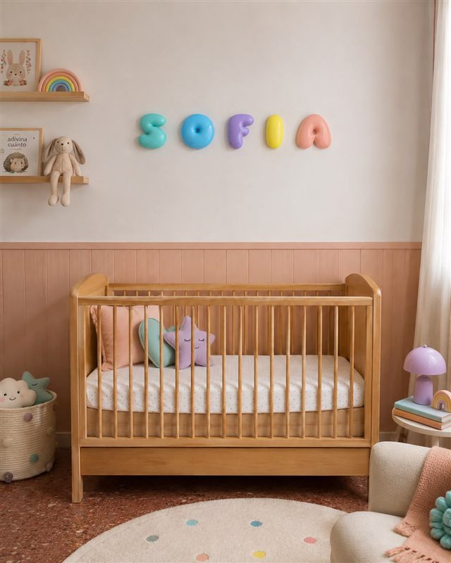 Nombre Sofía en letras 3D sobre la cuna de una habitación infantil