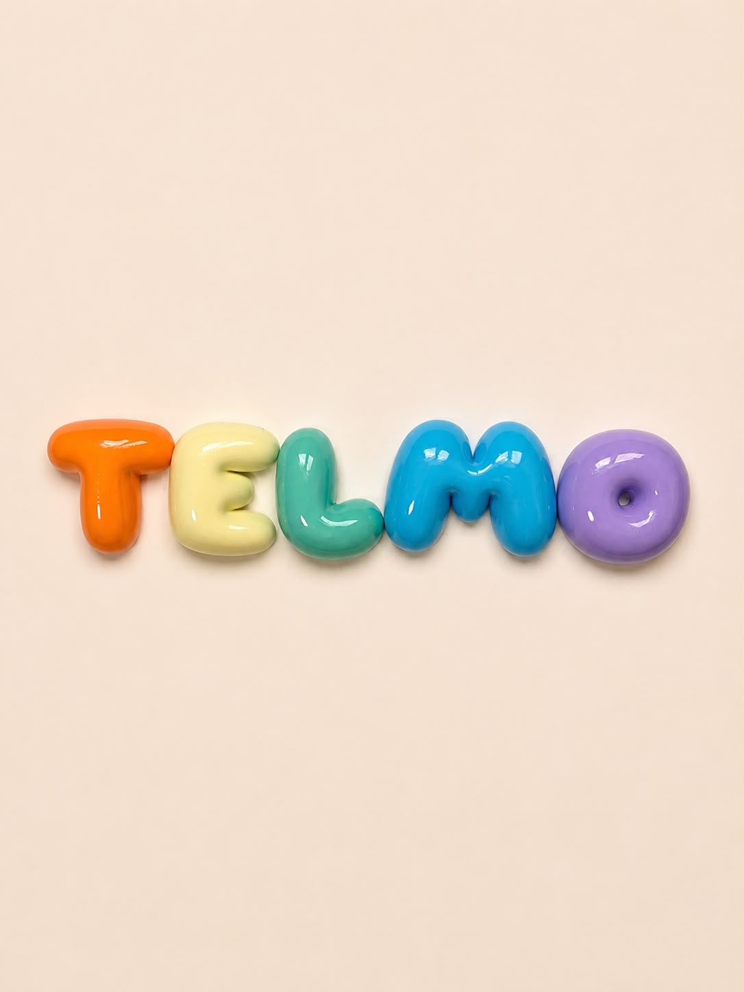 Nombre Telmo en letras bubble salmón, amarillo tierno, menta, azul cielo y lila pastel